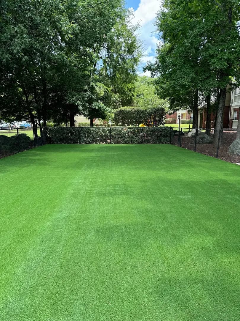 Commercial Artificial Turf Lawn by Alex's Lawnscape in Charlotte NC — Large artificial turf installation with clean edging at a commercial property surrounded by mature trees