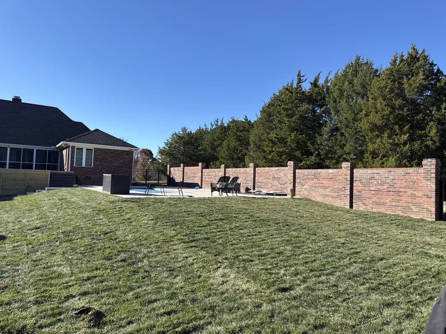 Backyard with Sod, Pool & Privacy Wall by Alex's Lawnscape in Charlotte NC — Expansive green sodded backyard with brick privacy wall and columns, pool area, lattice deck, and evergreen backdrop