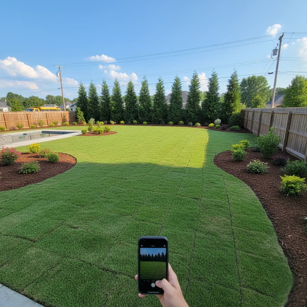 Sod & Privacy Tree Install by Alex's Lawnscape in Charlotte NC — Complete backyard sod installation — 3,000 square feet of bermuda with a row of eight-foot Leyland cypress trees along the fence line for instant privacy screening