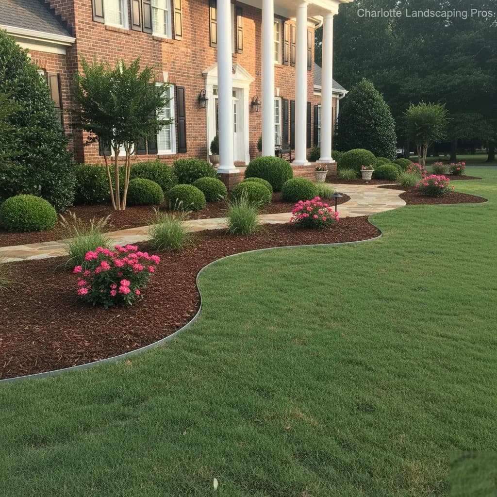 Full Front Yard Landscape by Alex's Lawnscape in Charlotte NC — Front yard makeover with curved mulch beds, knockout roses, boxwoods, ornamental grasses, and crepe myrtles