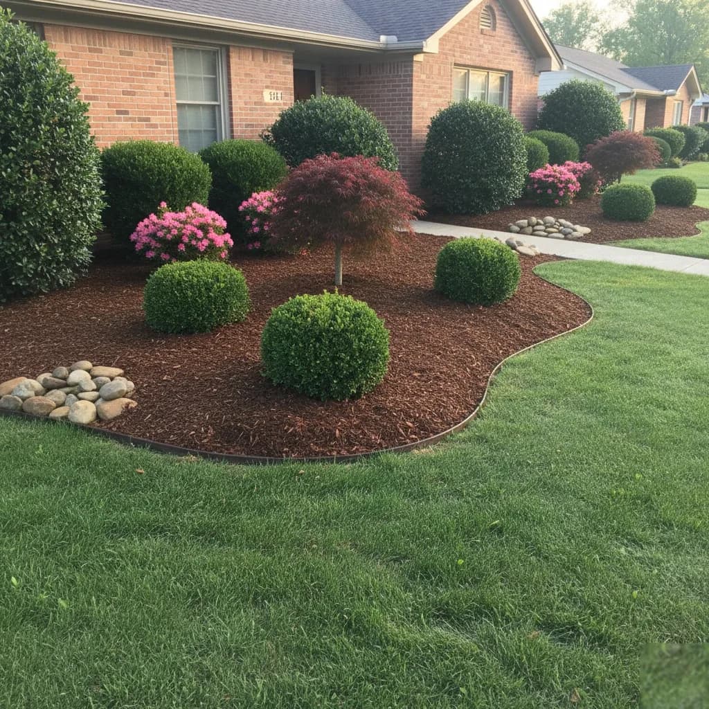 Foundation Bed & Mulch Install by Alex's Lawnscape in Charlotte NC — Foundation planting refresh — three inches of dark hardwood mulch, trimmed boxwoods and azaleas, clean edging, river rock accents, and a Japanese maple centerpiece