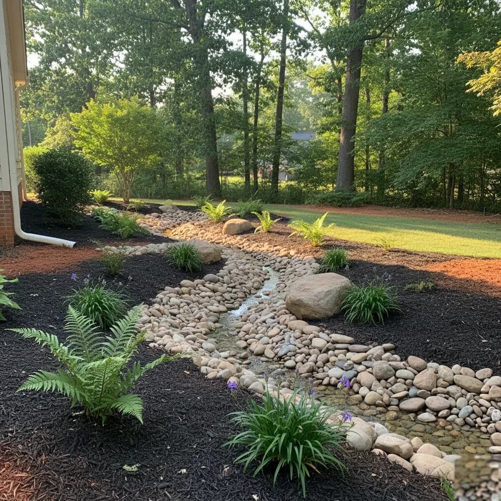 Dry Creek Bed Drainage by Alex's Lawnscape in Charlotte NC — Decorative dry creek bed solving a yard drainage problem